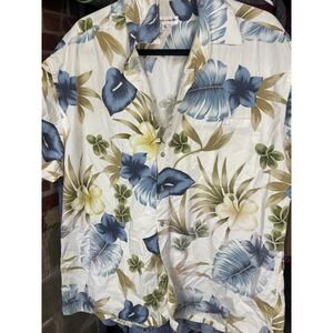 Pierre Cardin Mens XL Tropical Floral‎ Cotton Button Down  White Blue Hibiscus